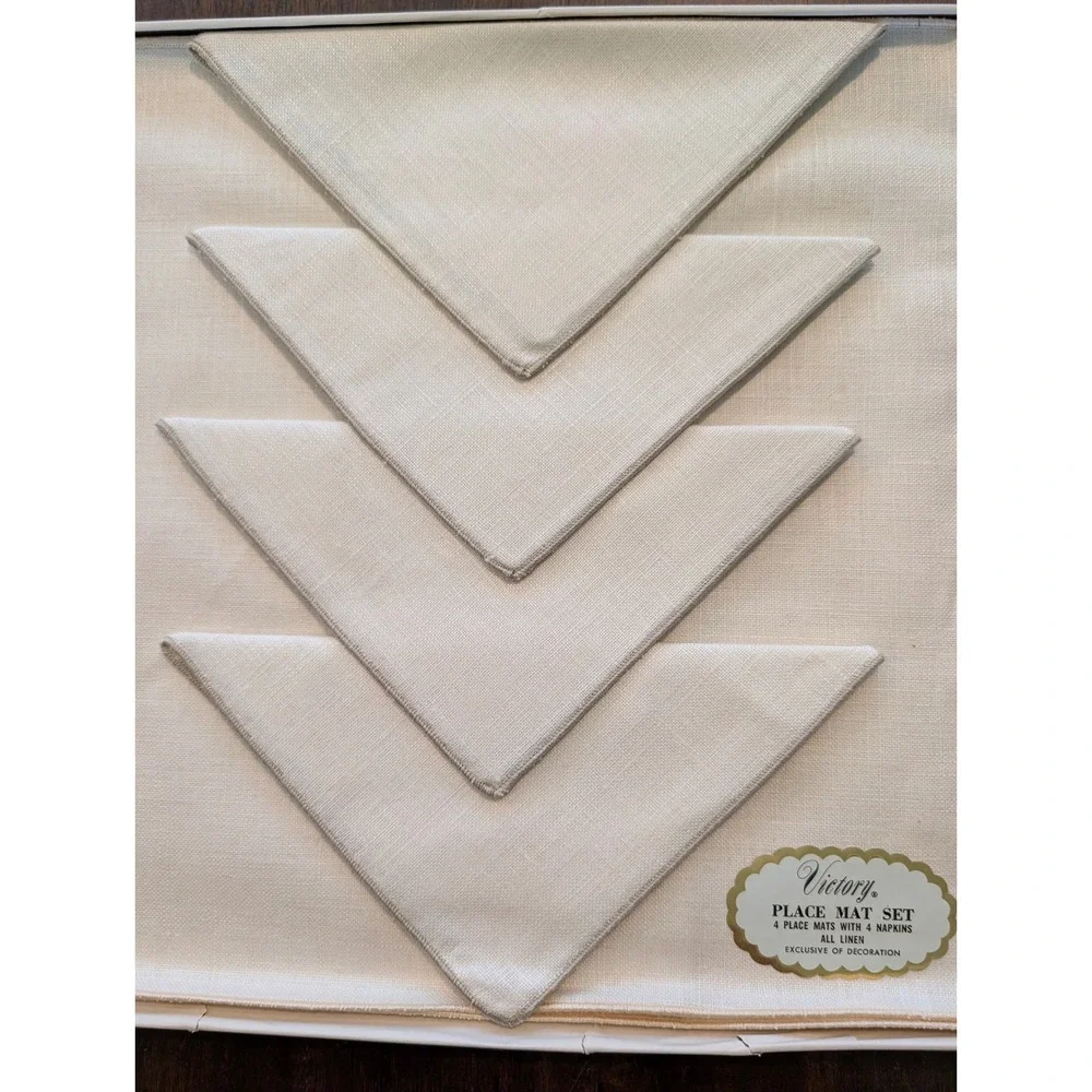 2 Vintage Linen Placemat Napkin Sets Cream Floral Scalloped MCM Unused